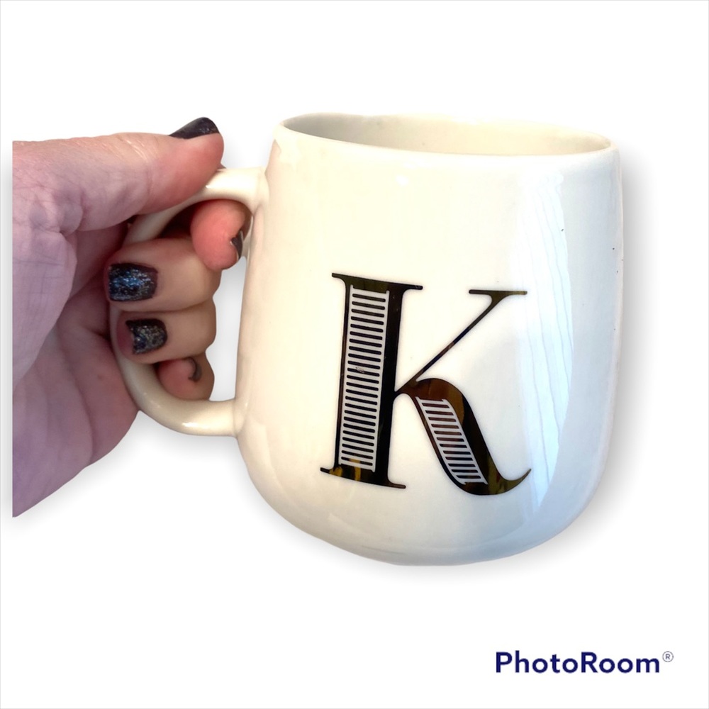 🐭 SALE! K MONOGRAM coffee mug or tea cup in off white with black letter “K”